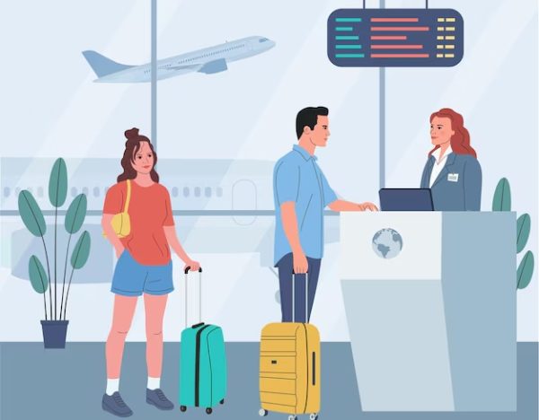 people airport man woman with suitcase check desk vector flat cartoon illustration 357257 1544